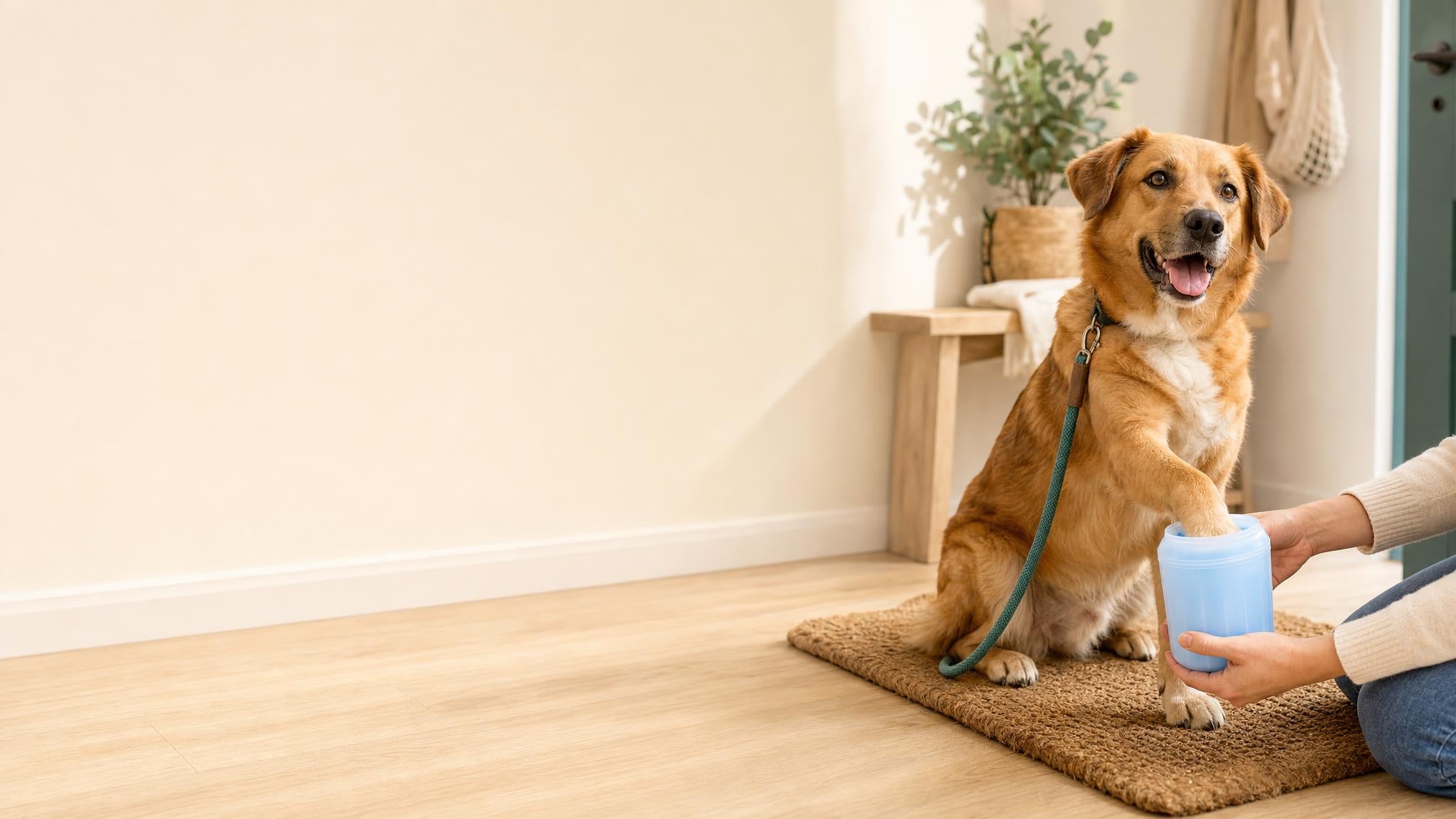 Perro en la entrada de casa con la pata dentro del vaso limpiapatas